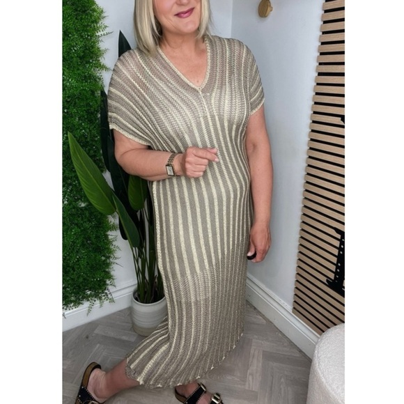 Floris Lurex Crochet Knit Maxi Dress NWT in Sage Gold Metallic Made in Italy - Picture 9 of 15